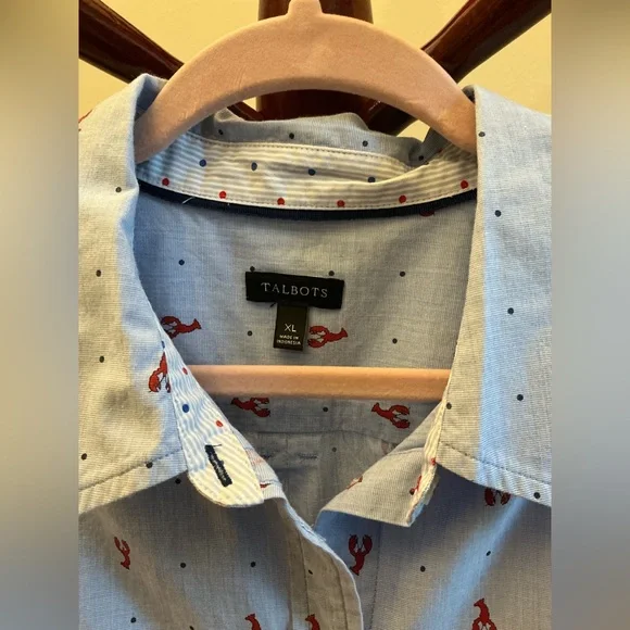 Light Blue Button-Up Shirt with Red Lobster Print - Picture 3 of 6